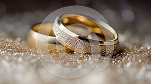 Two gold wedding bands on textured glitter