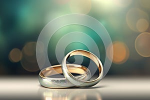 Two gold wedding rings are in front of a bokeh background, in the style of digitally enhanced, light green
