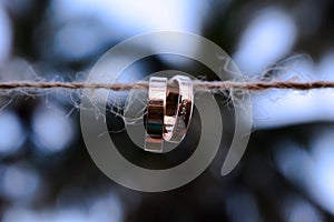 Two gold wedding rings hanging on a rope on a background of palm trees. close-up, wedding, bond of marriage