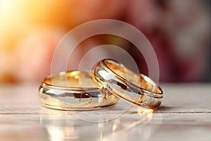 Two gold wedding rings on a reflective surface