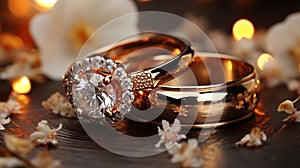 Two gold wedding rings represent love with a bokeh background creating a sense of romance. AI Generated