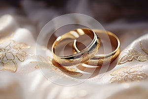 Two gold wedding rings rest peacefully on a pristine white cloth, representing the union of two souls and their eternal commitment