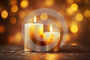 Two golden candles with bokeh backdrop