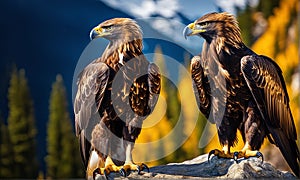 Two golden eagles perched regally on the cliff edge photo