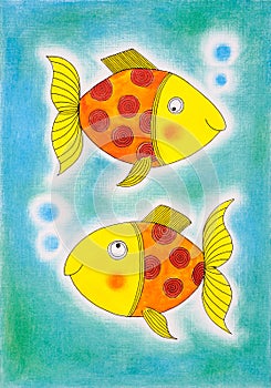 Two golden fish, child's drawing, watercolor painting