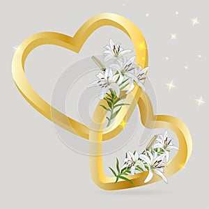 Two golden hearts alternate with bouquets of lily flowers