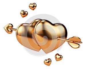 Two golden hearts pierced by an arrow isolated object on a white background in 3D rendering with Valentines and love concept