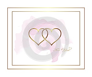 Two golden hearts on pink watercolor background
