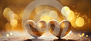 Two golden hearts on table with bokeh lights and glitter