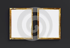 Two golden rectangle frames isolated on black background. 3D render.