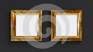 Two golden rectangle frames isolated on black background. 3D render.