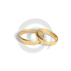 Two golden rings. Gold wedding rings pair. Vector 3D realistic illustration isolated on white background