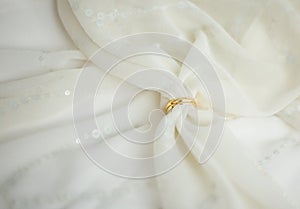 Two golden wedding rings with bridal veil