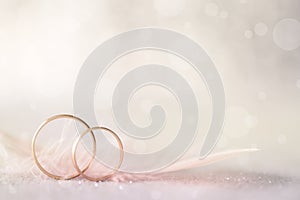 Two Golden Wedding Rings and Feather - light soft background