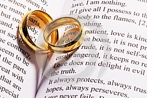 Golden wedding rings on bible book