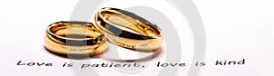 Golden wedding rings on bible phrase