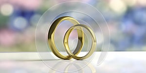 Two golden wedding rings isolated on white table, blur background, closeup view, 3d illustration