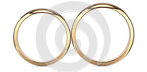 Two golden wedding rings isolated on white, wedding rings background concept. 3D rendering illustration.