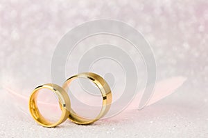 Two Golden Wedding Rings and Light Angel Feather on sparkling background