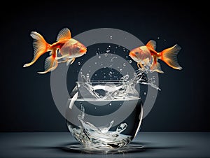 two goldfish jumping into one another