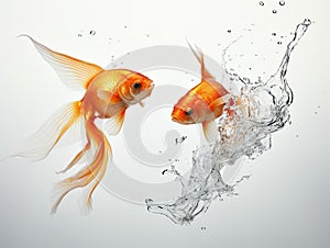 two goldfish jumping into one another