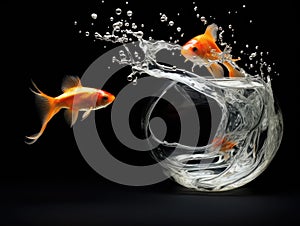 two goldfish jumping into one another