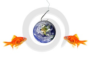 Two goldfish looking at planet earth as bait