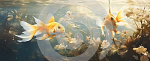 two goldfish swimming under a pond with water falling