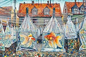 two goldfish in transparent bags both hanging on a clothesline in front of a building with a distinctive red roof, Impressionist photo