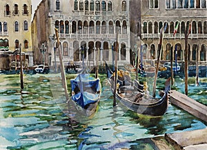 Two gondolas at Grand Canal station near Palazzo Communale, Venice, Italy, original watercolor art painting