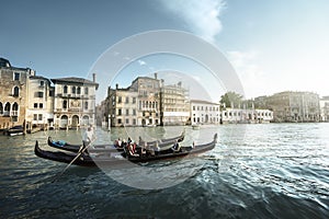 Two gondolas in sunset time, Venice, Italy