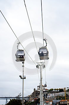 Two gondolas of the Vilanova de Gaia cable car suspended on the hanging steel cables descending and ascending under a cloudy white photo