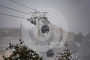 Two gondolas of the Vilanova de Gaia cable car suspended on hanging steel cables descending and ascending under a cloudy white sky photo