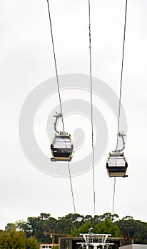 Two gondolas of the Vilanova de Gaia cable car suspended on the hanging steel cables under a cloudy white sky in Porto photo