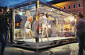 Two good looking woman in exhibition window