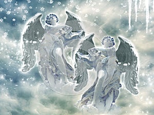 Two gorgeous angels archangels with ice and snowflakes like winter angelic concept