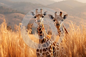 Two graceful giraffes standing tall in the vast african savannah wilderness