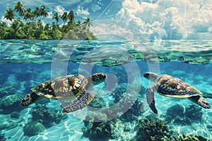 Two graceful sea turtles swim near a vibrant coral reef illuminated by sunlight in clear blue waters