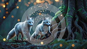 Two Arctic Foxes Walking at Night in Enchanting Forest
