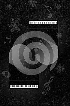 Two grand pianos, snow falling, snowflakes and musical notes