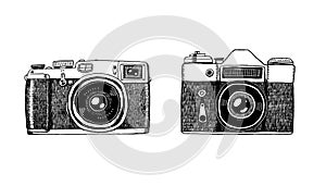 Two graphic vintage film cameras on white background