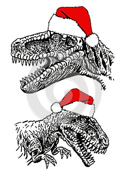 Two graphical portraits of tyrannosauruses in Santa Claus hats on white, new year design element for kids and adult