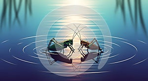 Two grasshoppers face off across rippling water creating a dramatic scene of nature's confrontation and reflection