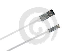 Two gray connectors of white USB cable for iphone ipad on white isolated background. Horizontal frame