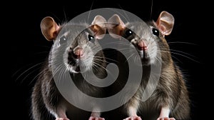 Two gray mice on a black background