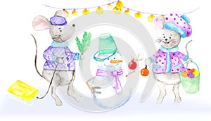Two gray mice build a snowman out of snow. And decorate with Christmas balls. Concept New Year of the Rat, Christmas