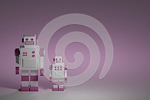 Two gray-pink retro square parent and child robots with buttons on background 3d illustration