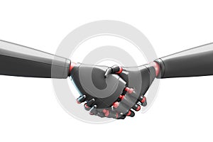 Two gray robots shaking hands, white