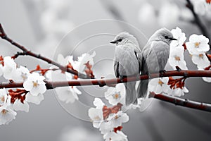 Two gray spring birds on a flowering branch