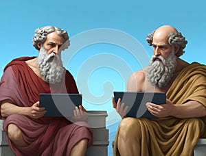 Two Greek philosophers during philosophical debate using digital tablet computers, generative ai
